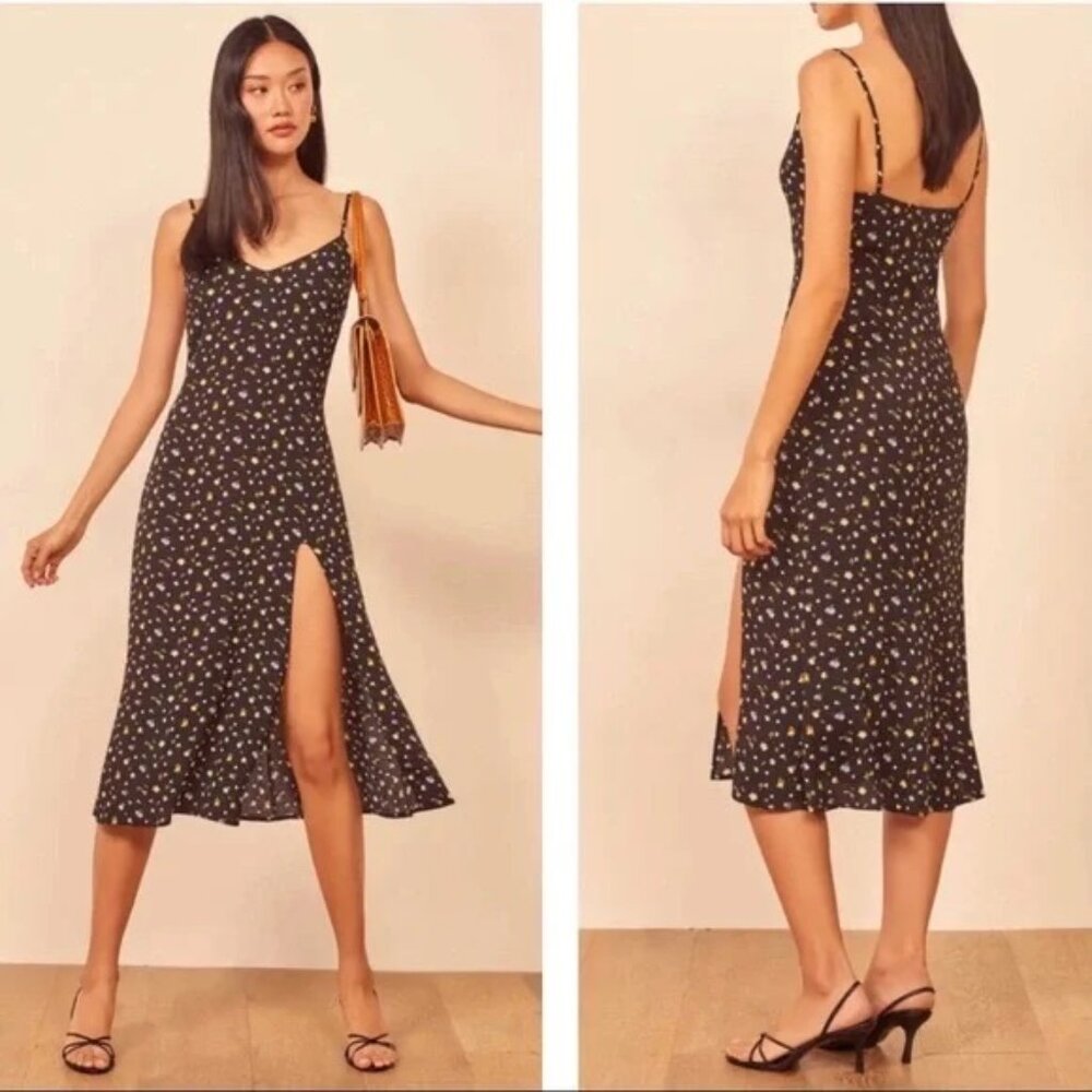 Reformation Black Floral Crimini Midi Dress